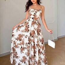 Women's New Waist-Cinching Spaghetti Strap Backless Blue & White Porcelain Ditsy Floral Dress, Fashionable & Elegant Casual Holiday Dress - Multicolor - Ver 1