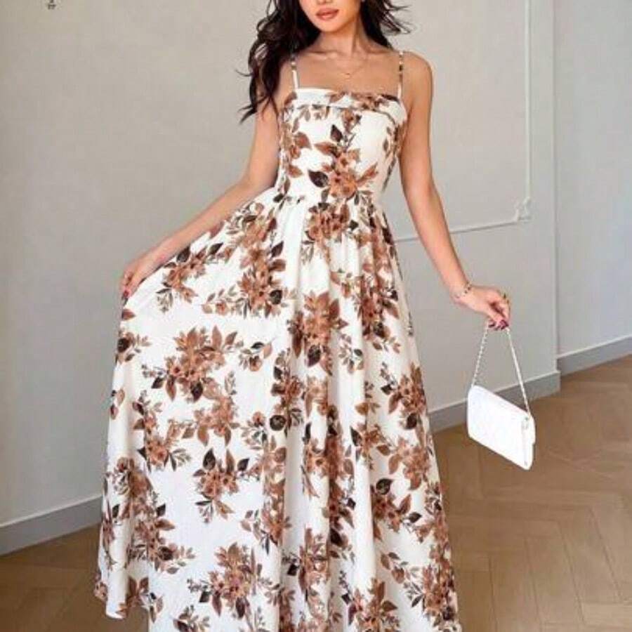Women's New Waist-Cinching Spaghetti Strap Backless Blue & White Porcelain Ditsy Floral Dress, Fashionable & Elegant Casual Holiday Dress - Multicolor - Ver 1