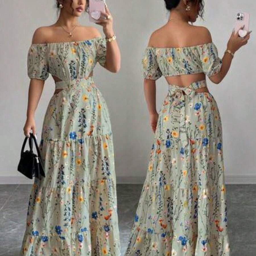 Elenzya 1pc Women's Backless Off Shoulder Strappy Elegant Long Dress - verde menta - Ver 1