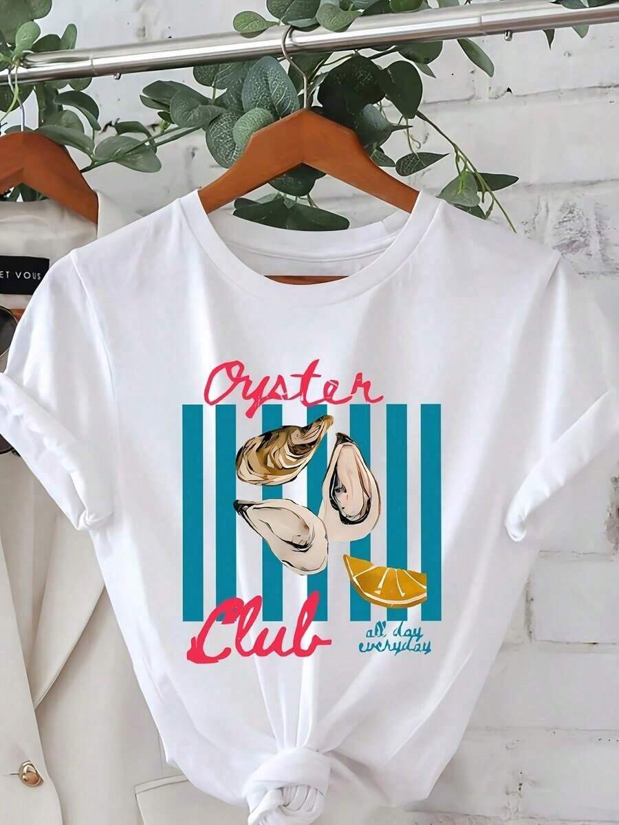 1 pieza de camiseta Schlafi Schlafi con estampado gráfico alemán, de manga corta y cuello redondo, estilo casual para verano y primavera, ropa de mujer, 180g 100% algodón. - Blanco - Ver 1