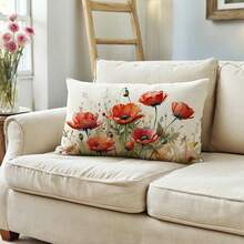 1 pieza Funda de almohada de algodón con decoración de flores en flor, adecuada para porche, patio, decoración de cabaña en primavera y verano, inserto de almohada no incluido (rojo de un solo lado) - Multicolor - Ver 3