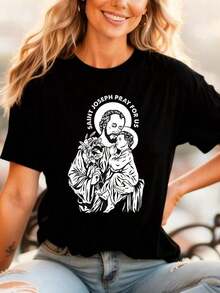 Camiseta de Mujer% Algodón, Camiseta Negra con Estampado de San José y el Niño Jesús, San José Rómpenos por Nosotros para Mujer, Ligera, Transpirable, Éxito de  de Verano - Negro - Ver 1