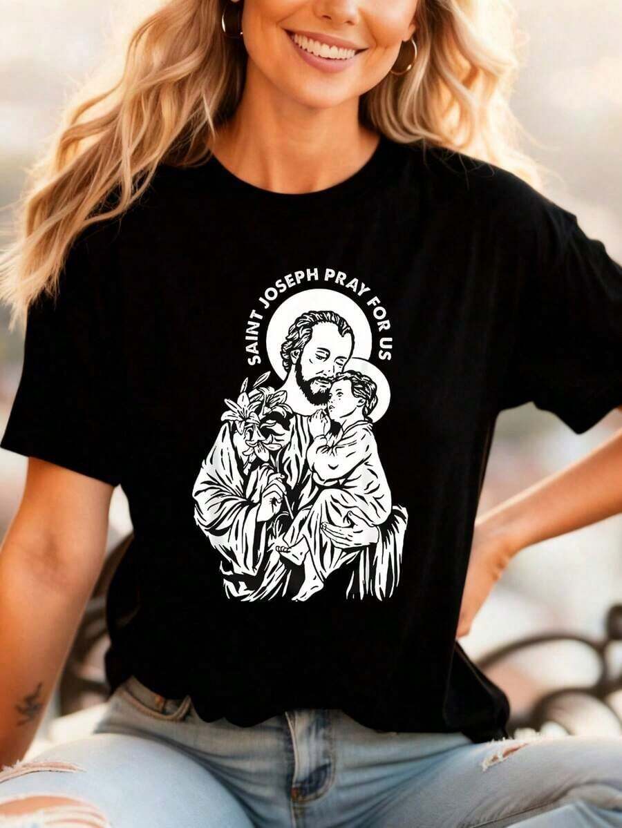 Camiseta de Mujer% Algodón, Camiseta Negra con Estampado de San José y el Niño Jesús, San José Rómpenos por Nosotros para Mujer, Ligera, Transpirable, Éxito de de Verano - Negro - Ver 1
