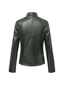 Jaket Kulit PU Wanita Kasual Modis Warna Polos Lengan Panjang Gaya Motor dengan Resleting, Cocok untuk Musim Semi, Gugur, dan Musim Dingin - Olive Green - View 6