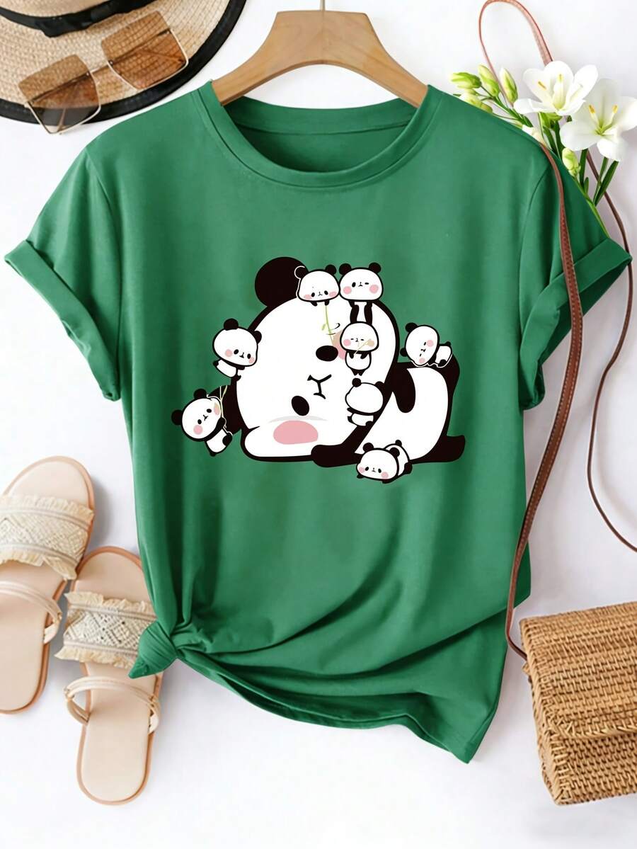Camiseta de manga corta con cuello redondo para mujer, estampado de la familia panda abrazándose, lavable a máquina, camiseta de primavera/verano, diseño divertido, ajuste cómodo - Camiseta unisex de algodón holgada de estilo vintage con cuello redondo y manga corta. - Verde - Ver 1