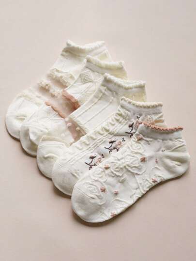 5 Pairs White Socks For Women, Short Thin Socks, Lace Trim Ankle Socks, Breathable Low-Cut Socks, Summer,