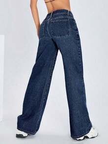 ICON Solid Color Wide Leg Pocket Jeans, Casual And Versatile - 深藍色 3 - 查看 5