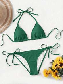 Women's Simple Solid Color Swim Bikini With A Halter Neck And Cutout, Suitable For Beach Vacations And Summer. - Mint Green - View 3