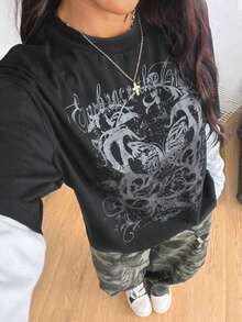 Women's Winter/Fall Streetwear Casual Hippie Preppy Grunge Punk Goth Cotton Graphics Oversized Long Sleeve T-Shirt woman Todo tipo de impresiones, chaqueta, camiseta de cuello redondo, casual, para oficina, para viajar, muy popular, viento deportivo, estampado/patrón, camiseta de algodón 100%, camiseta casual, cómoda, suave, transpirable The latest popular bestseller - Negro - Ver 5