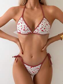 Sexy Three-Piece Bikini With Printed Straps. - White Background With Red Floral Pattern - View 12