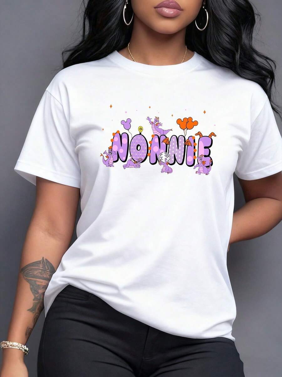 Colorful Fantasy Figures Dancing Among Pink Letters And Orange Balloons Create A Fun And Youthful Atmosphere On This Casual And Modern Women's T-Shirt For Everyday Wear - 白色 - 查看 1