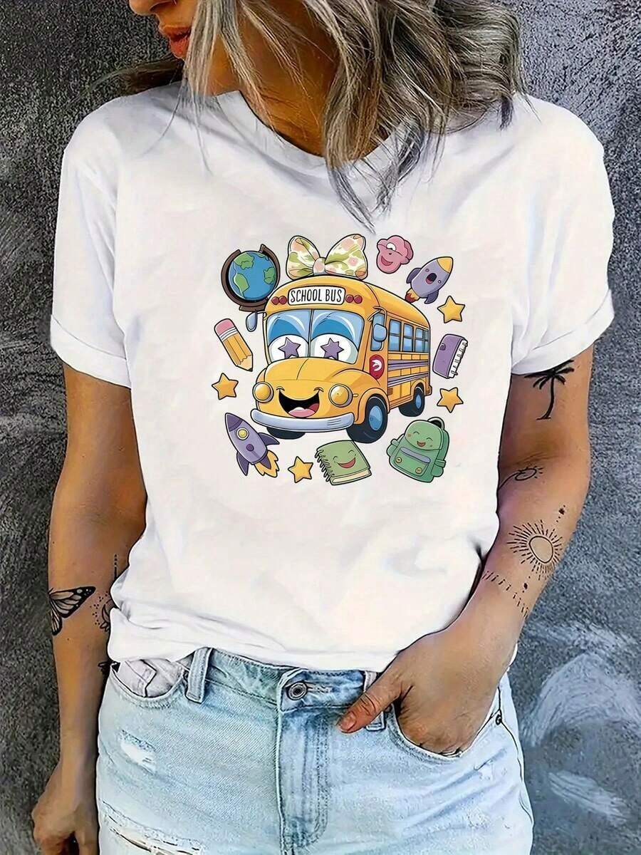 Camiseta Deportiva de Manga Corta con Cuello Redondo y Estampado Divertido de Dibujos Animados para Mujer, Ropa Deportiva Femenina Interesante y a la Moda, Top de Verano Cómodo y Holgado para Vacaciones - Blanco - Ver 1