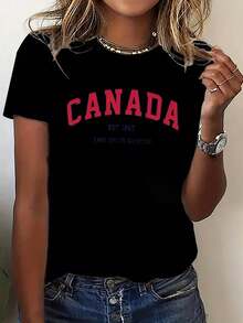 Summer TopviralwomensT-Shirts, Women's Casual Short-Sleeve T-Shirts With CANADA Lettering And Interesting Cartoon Prints, Made Of Blended With Some Elasticity,, Comfortable All-Season Round-Neck Design, Suitable For Daily Wear, Comfortable Clothing, Opaque Material, Loose Fit Summer Outfit For Women, 100% Cotton, A Must-Have For The Festival - White - View 9