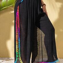 Swim Lushoire Plus Size Women Colorful Tassel Trim Side Slit Modest Beach Casual Long Cover Up Pants, For Summer Vacation - Negro - Ver 5