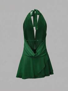 2026 Spring/Summer New Fashion Chiffon Draped Neck Low-Cut Multi-Layer Ruffle Tie-Front Backless Mini Dress, Suitable For Beach, Elegant, Sexy, Vacation, Beach, Hawaii, Date, Party, Music Festival, Graduation Ceremony, Prom - Green - View 9