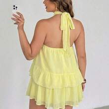 Auralis Elegant Light Yellow Halter Tie Waist Loose Flared Ruffle Hem Plus Size Women Mini Dress, Suitable For Concerts, Performances, Dates, Balls, Valentine's Day, Parties, Sexy & Elegant Romantic, Office Lady, Mermaid Style, Casual Daily, Beach Holiday/Yellow Loose-Fitting Backless Tie-Up Vacation Mini Dress/Mini Dress/Yellow Dress With Lining Wedding Dress For Women - Multicolor - Ver 5