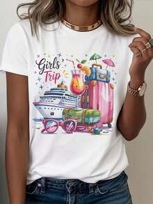 Girls TRip A Beautiful And Interesting Women's T-Shirt With A Simple Yet Unique Style. This Comfortable And Stylish Crew Neck T-Shirt With Short Sleeves Is Perfect For Everyday Wear And Makes A Great Gift Idea For Spring And Summer. Made From 100% Cotton. - 白色 - 查看 6