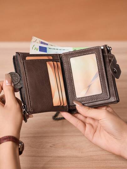  CHARM INFINITE Men's Vintage PU Leather Short Wallet, Anti-Lost Metal Chain Bifold Purse With Zipper Pocket & Press Button, Casual Daily Cash & Card Holder