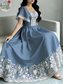 Vestido de manga corta con cuello cuadrado y estampado floral, vestido de longitud media con cintura ceñida, vestido marrón con estampado floral - Multicolor 2 - Ver 1