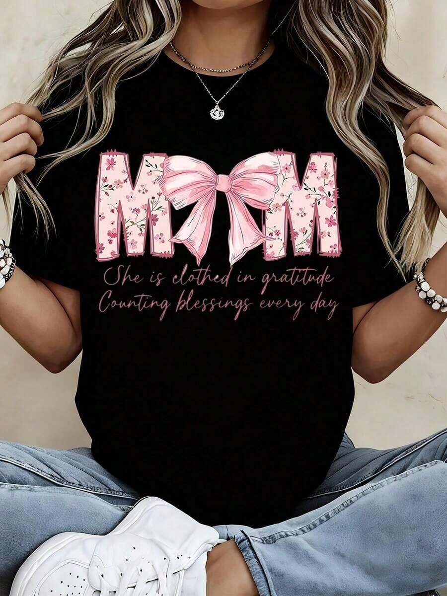 Mom Is Clothed In Gratitude Counting Blessings Every Day Floral T-Shirt With Bow For Women White Cotton Casual Mother's Day Gift | Exquisite Design | Loose And Comfortable | Easy To Match | - 黑色 - 查看 1