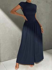 Vestido de línea A de manga corta, de cuello, ajustado, con bajo asimétrico, de uso diario, de estilo minimalista y elegante - Azul marino - Ver 5