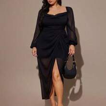 Plus Size Women Black Chiffon Long Sleeve Split Ruched Dress - Negro - Ver 1