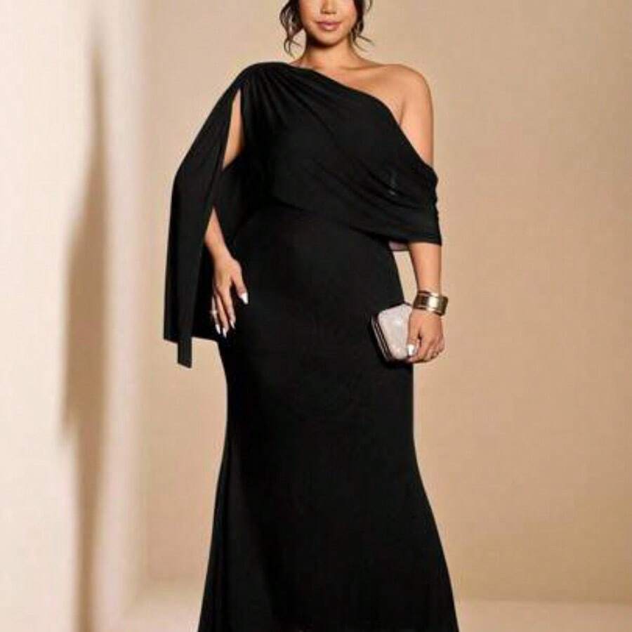 Cravure Vestido de mujer de talla grande de unicolor elegante, diseño asimétrico de hombros, vestidos de cumpleaños, vestido de fiesta de club con hombros descubiertos para primavera, conjunto de mujer de verano, vestidos formales elegantes de mujer, vestido de noche, vestido ajustado maxi, vestido de mujer para boda, vestido romántico para invitada de boda - A1 - Ver 1