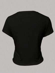 Camiseta de mujer versátil de moda casual con cuello redondo y manga corta - Negro - Ver 2