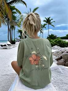 Women's Summer Turtle, Flower, And Letter Print T-Shirt, Casual Loose Round Neck, For Beach Vacation - Green - View 3
