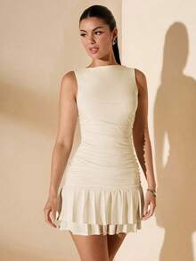 Vestido mini ajustado de mujer de color blanco liso sin mangas con volantes en la cintura y falda acampanada.Vestido de Body entero con capas para el verano, otoño e invierno - Albaricoque - Ver 7