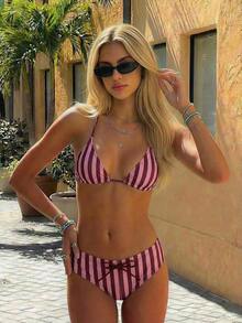 Nuevo conjunto de bikini con estampado de lunares sexy, espalda descubierta y lazo, con tirantes de espagueti para playa y piscina en vacaciones - Color caoba - Ver 1