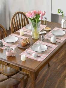 4/6pcs Bohemian Style Minimalist Plaid Print Linen Placemats, Non-Slip Square Farmhouse Style Dining Table Mats, Washable Kitchen Coasters, Coffee Table Mats, Heat Insulation Pads, Suitable For Wedding, Dining, Party And Home Decor - Baby Pink - View 6