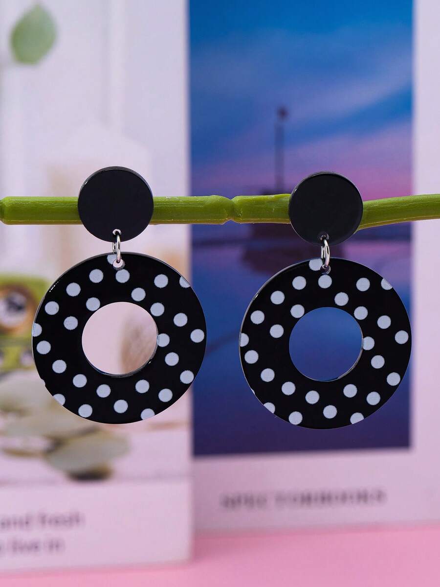 1 Đôi bông tai thời trang chấm bi đen trắng, hình giọt nước tròn, làm từ chất liệu acrylic, thích hợp để đeo hàng ngày. - Đen và trắng - Xem 1