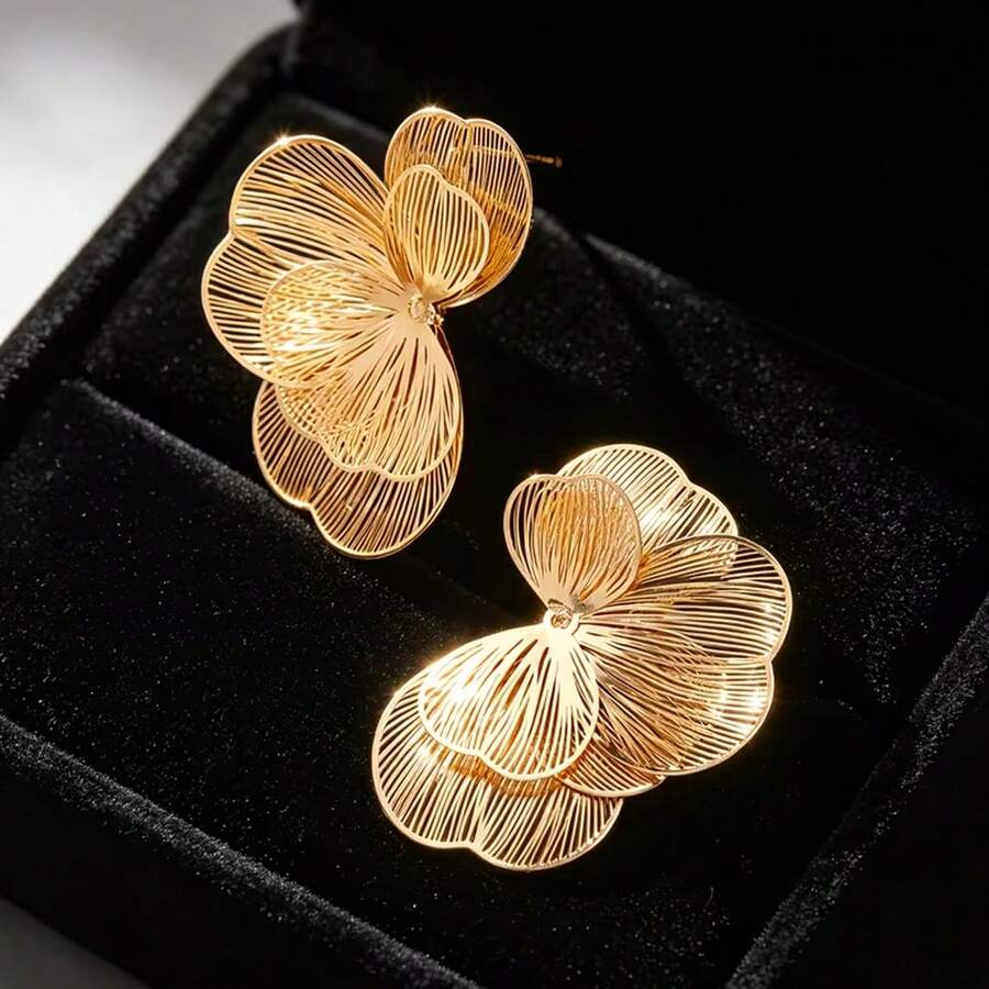 1 par de pendientes de aro con diseño de pétalos metálicos huecos, de estilo floral, para mujer, en color dorado y plateado, ligeros y elegantes, para uso diario, bodas, fiestas, Día de la Madre, graduación, accesorio de verano con estilo - Dorado - Ver 1