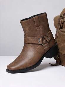 Men's Western Faux Leather Ankle Boots, Square Toe Metal Studded Harness Booties With Side Zipper Block Heel, Non-Slip Comfort Casual Cowboy Footwear - màu nâu - Xem 1