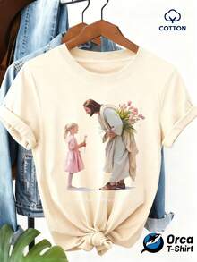Camiseta de algodón 1ps con estampado floral de Jesús y niña, temática religiosa, top de manga corta holgado para mujer, ropa casual para uso diario, diseño moderno y sencillo, camiseta de algodón marca Orca 2026. - Negro - Ver 9