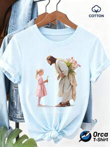 Camiseta de algodón 1ps con estampado floral de Jesús y niña, temática religiosa, top de manga corta holgado para mujer, ropa casual para uso diario, diseño moderno y sencillo, camiseta de algodón marca Orca 2026. - Azul - Ver 7