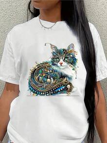 Camiseta de Manga Corta de  con Diseño de Gato Colorido, Ligera y Duraderara Uso Casual en Casa o Cafetería, uste Cómodo para Uso Diario, con Estampado Vibrante y Tela Suave - Blanco - Ver 2