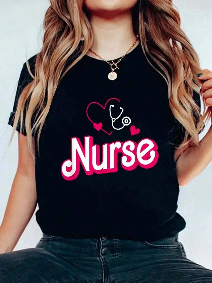 Regalos Retro para Enfermeras, Regalos para la Semana de la Enfermera, Camia Divertida para Enfermeras, Camia de Manga Corta con Cuello Redondo para Mujer, Camias Gráficas de Moda para Mujer, Transpirable y Cómoda - Negro - Ver 1