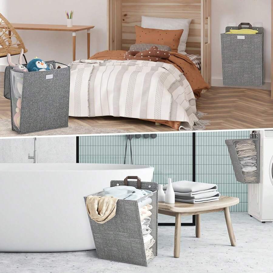 Bộ 3 giỏ đựng quần áo bẩn treo tường có thể gấp gọn, làm bằng vải lanh, mỗi bộ kèm 2 móc treo miễn phí. - Nhiều màu - Xem 1