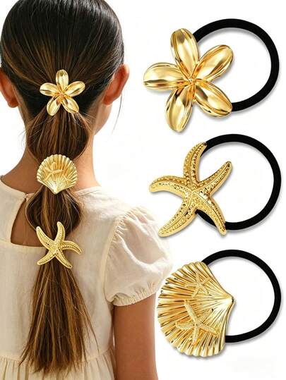 3 Pieces Of Golden Hair Bands, Made Of Metal Material, Suitable For Thick Hair, Simple And Durable Geometric Design, Golden Hair Ornaments, Stretchable And Non-Damaging Ponytail Fixers, Ocean Pattern, Various Styles, Hairstyle Decorations, Simple Hair Bands, Elegant Design, High-Quality Hair Bands, Multiple Sets Of Hair Bands, Solution For Thick Hair, Suitable For Fashionable Girl.