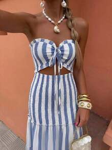 Vestido de tirantes finos con lazo en la cintura, estilo elegante y sexy con rayas, versátil para fechas, salidas, vacaciones, días festivos, vuelta al cole, atuendo de maestro, bodas, fiestas, festivales de música, Oktoberfest, Halloween, Acción de Gracias. Nuevos modelos de verano 2025. - Azul y blanco - Ver 4
