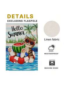 12x18 英寸“Hello Summer Kitty”花园旗，双面夏季沙滩庭院旗，图案为戴着西瓜时尚眼镜的可爱小猫咪和热带棕榈树装饰，适合户外露台草坪使用。 - O - 查看 7