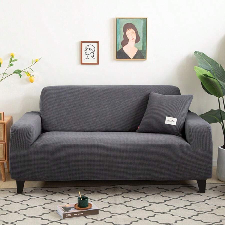 1 pieza Juego de funda de sofá de peluche [1 funda de cojín incluida], apto para mascotas, decorativo, adecuado para sala de estar, dormitorio, comedor, para todas las estaciones - Gris Oscuro - Ver 1