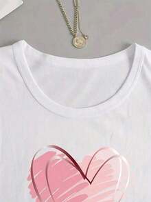 1 pieza  Camiseta de manga larga con estampado de corazón, camisetas gráficas para mujeres, tops para atuendo de primavera 180g 100% algodón, todos los patrones están impresos. Unisexo. - Blanco - Ver 4
