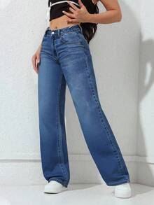 Jeans de talle alto, pierna recta, lavado casual,Pantalones de de Denim Elástico Azul Marino Elegante con Diseño Clásico de Cinco Bolsillos, Tejido de Poliéster Cómodo para Uso Diario - 2016 - Ver 9
