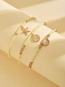 3pcs Fashionable Elegant Rice Bead Anklets, Colorful Beads, Starfish And Shell Charms, Stretchy Multi-Layer Beaded Anklets, Summer Beach Vacation Style, Daily And Holiday Accessories, Suitable For All Seasons (Bead Color Quantity Order Random) - JL04 White - View 3