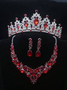 四件套时尚新娘皇冠项链耳环套装，锌合金头饰配钻石皇冠，优雅婚礼配饰套装，情人节配饰，高贵典雅，节日配饰 - 紅色 - 查看 7