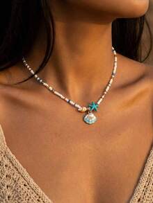 1 pieza Collar bohemio con concha azul, estrella de mar y concha con cuentas - Multicolor - Ver 4