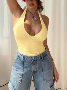 Blusa casual de verano de unicolor con escote en V y cuello halter para mujer, color negro - Amarillo - Ver 6